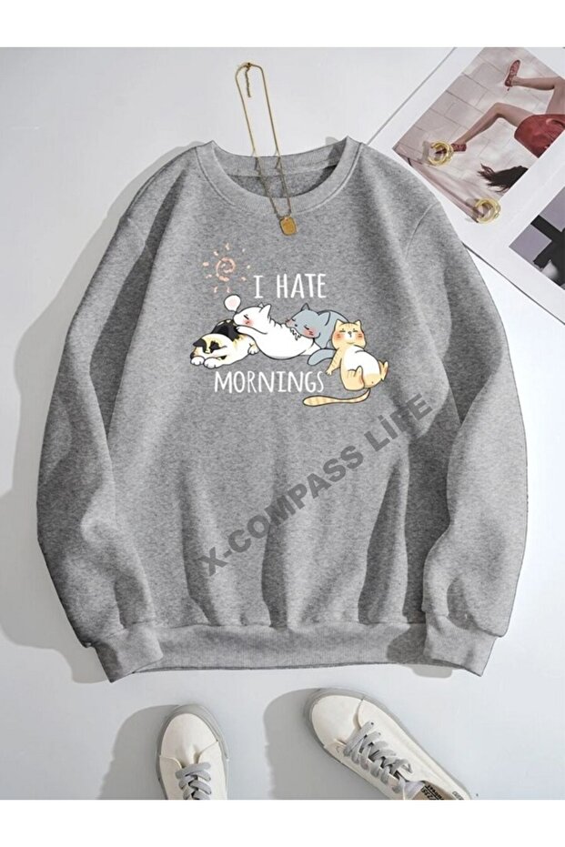 Women'S/Girls' Swıt Crew Neck Sweatshirt with Sleeping Cat Prints