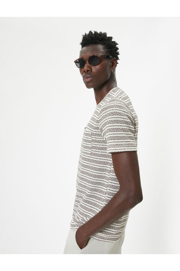 Striped T-shirt Pocket Detailed Crew Neck Short Sleeve