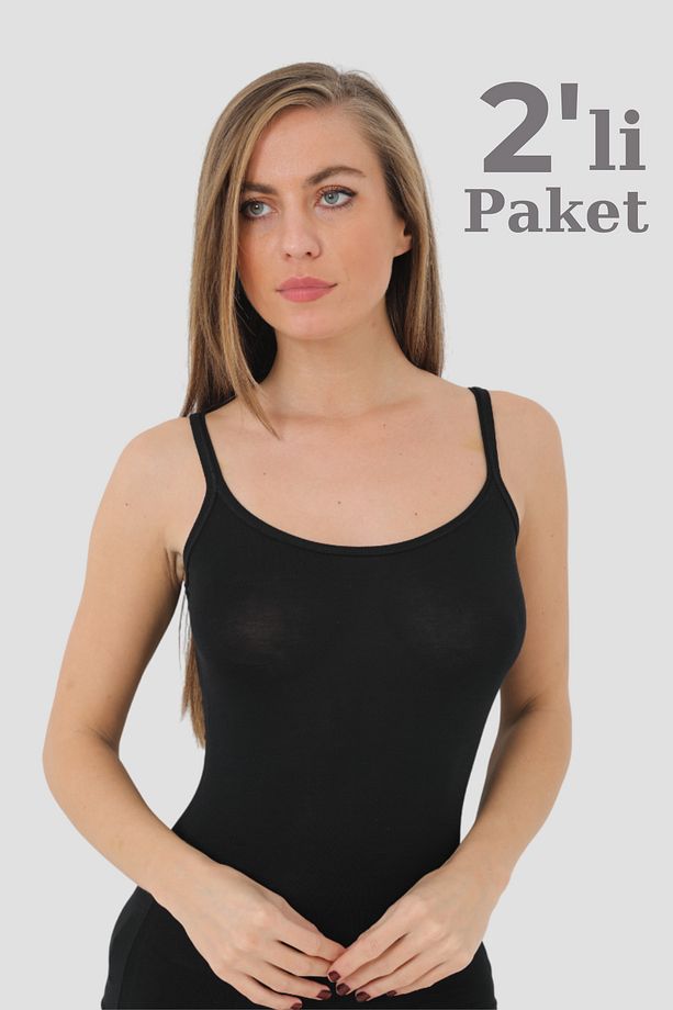 2 Adet Siyah Kadın Bambu Atlet Kalın Ip Askı Yumuşak Esnek - 1