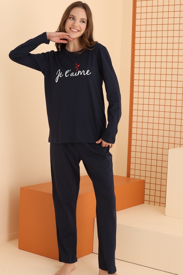 Women &Apos; S Sleepwear Set with Cotton, Heart Print, Round Neck, Long Sleeves, Navy Blue