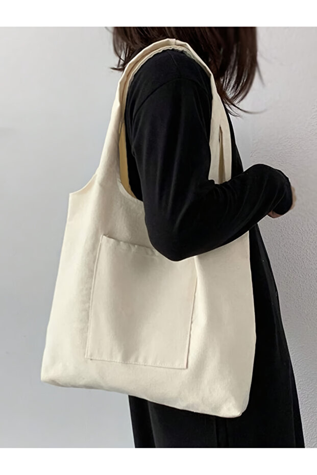 Beige Canvas Gusseted Fabric Stylish Bag with Pockets, Women's Shoulder Bag 35X35X10Cm