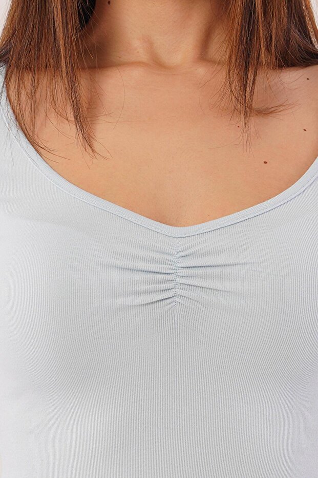 Geniş Yaka Bebe Mavisi Basic Body Bluz - 4