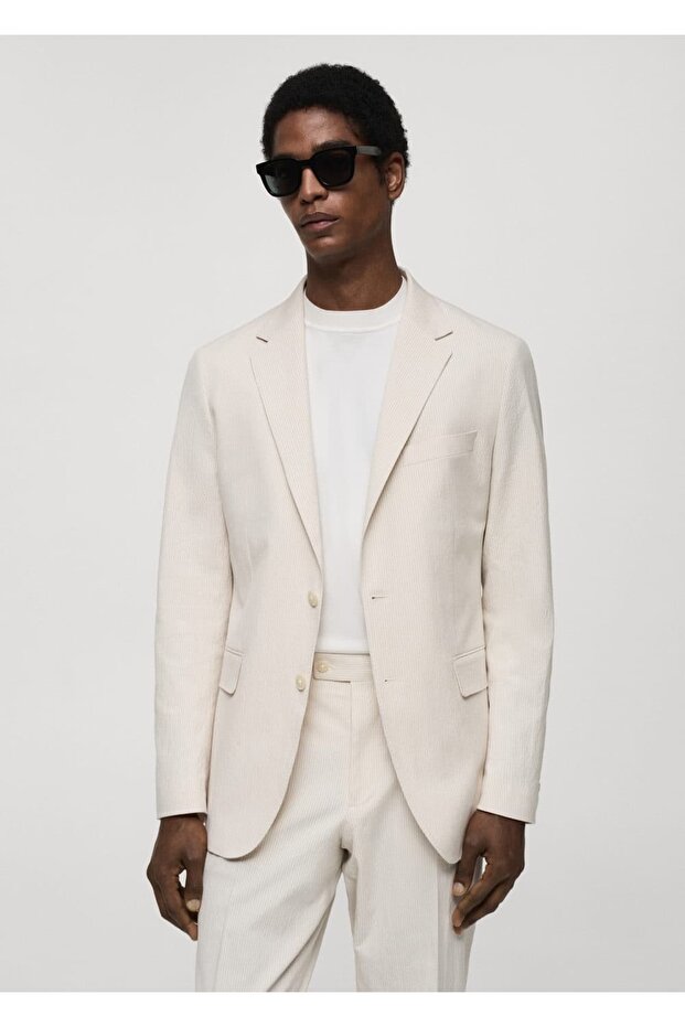 Çizgili gofre pamuklu slim fit blazer ceket - 1