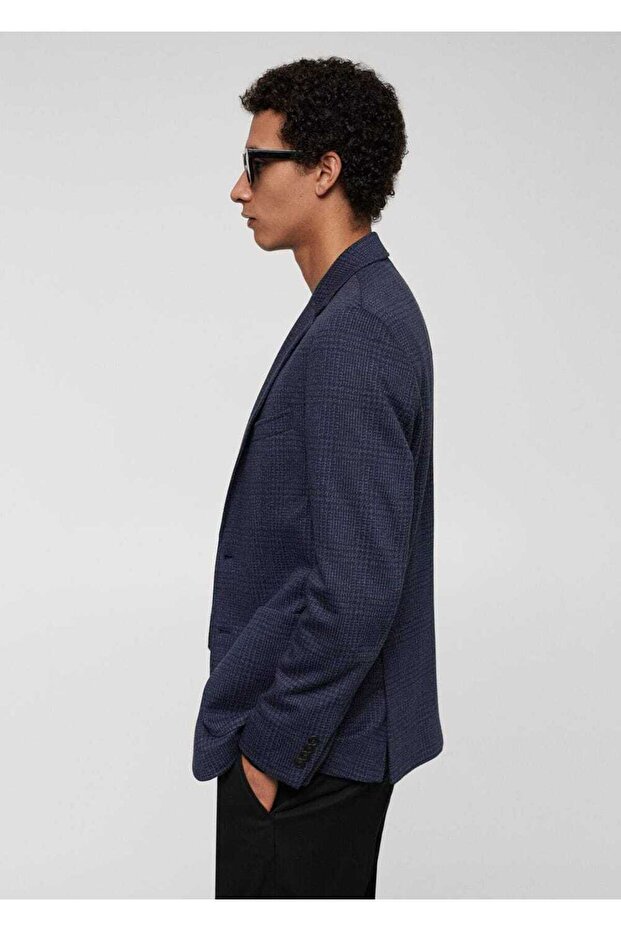 Dar kesim kareli pamuklu blazer ceket - 5