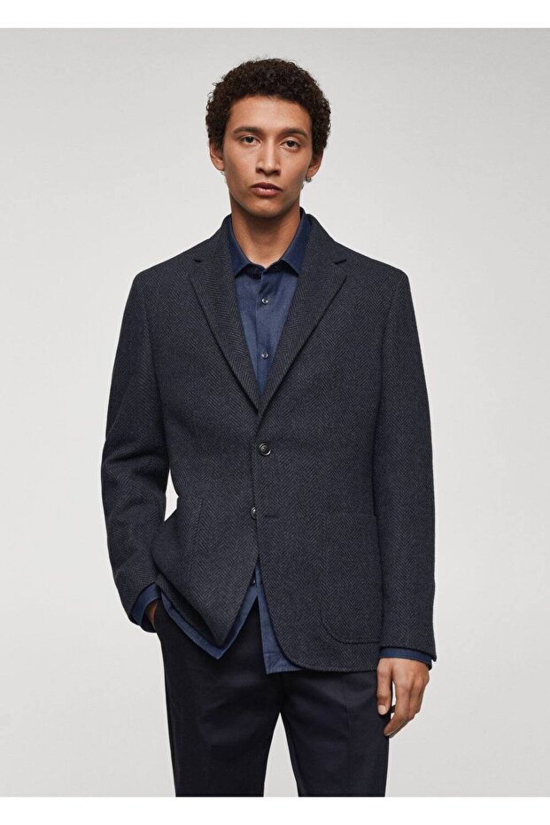 Slim Fit Herringbone Wool Blazer Jacket - 1