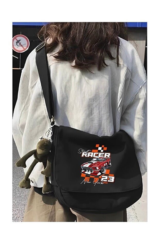 Street Racer Printed Unisex Black Messenger Bag
