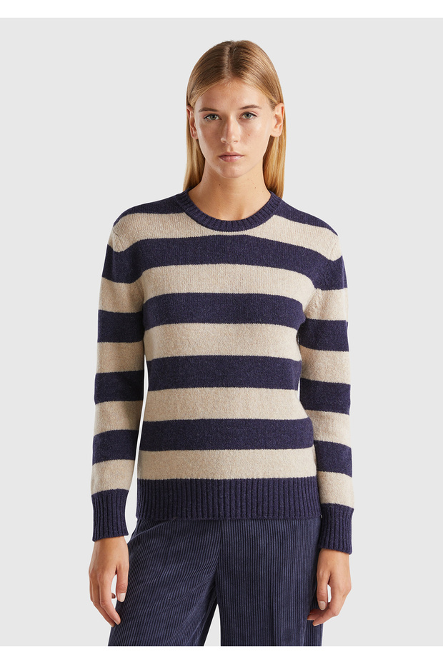 Women's Beige Mix 100% Wool Striped Shetland Sweater