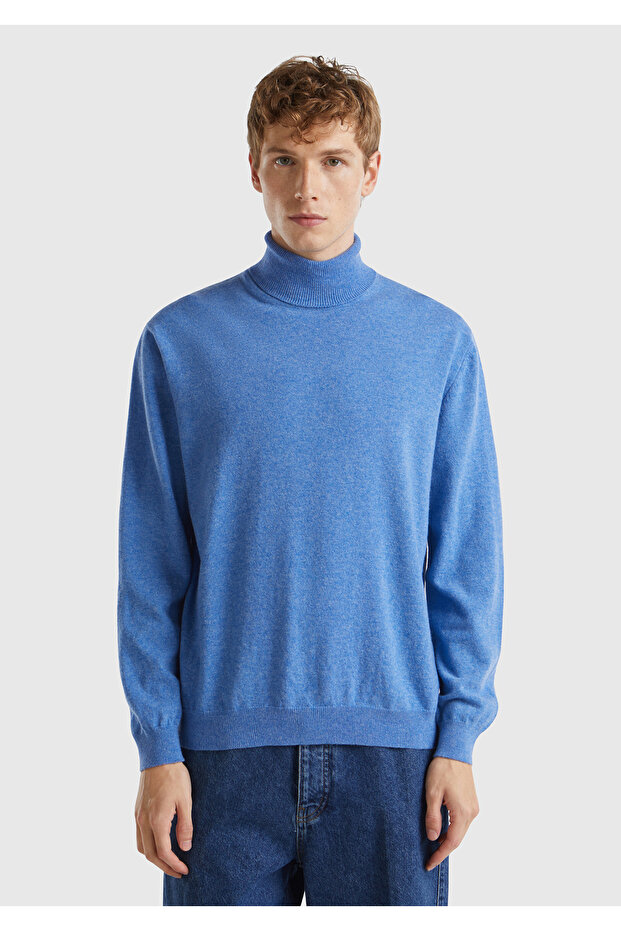 Men's Blue Melange Turtleneck 100% Merino Sweater
