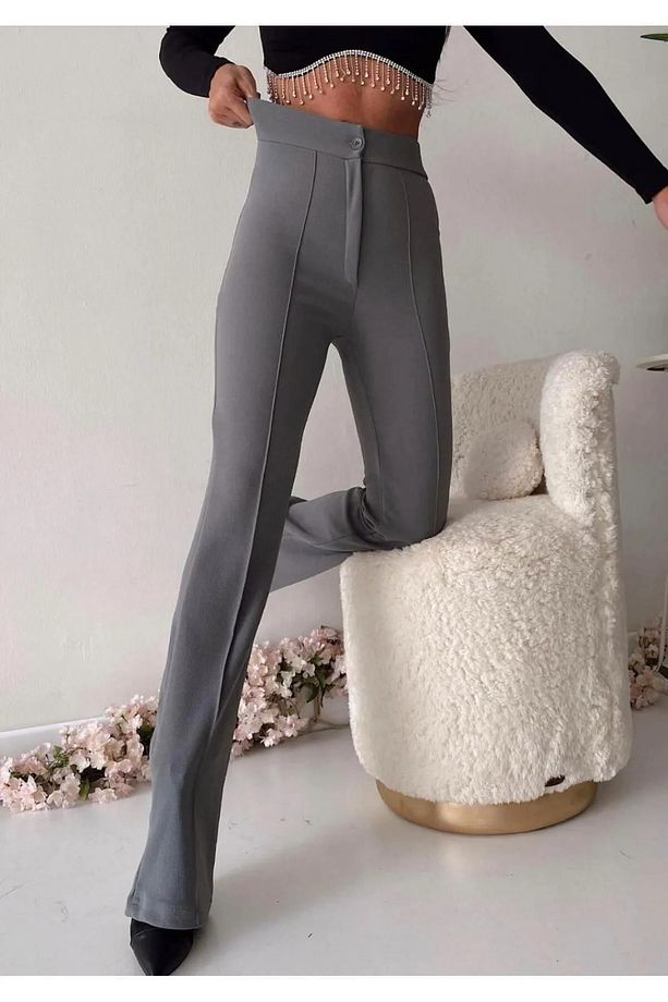 Kadın Krep Kumaş Likralı Önü Çimalı İspanyol Paça Palazzo Pantalon - 1