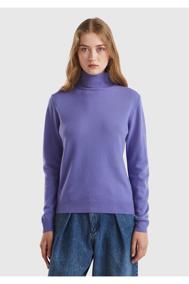 Woman purple Mock Neck 100% merino sweater