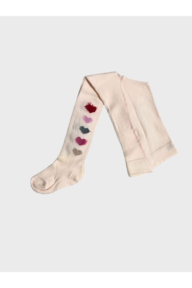 Girl's Cotton Washed Perfumed Furry Heart Patterned Pink Pantyhose