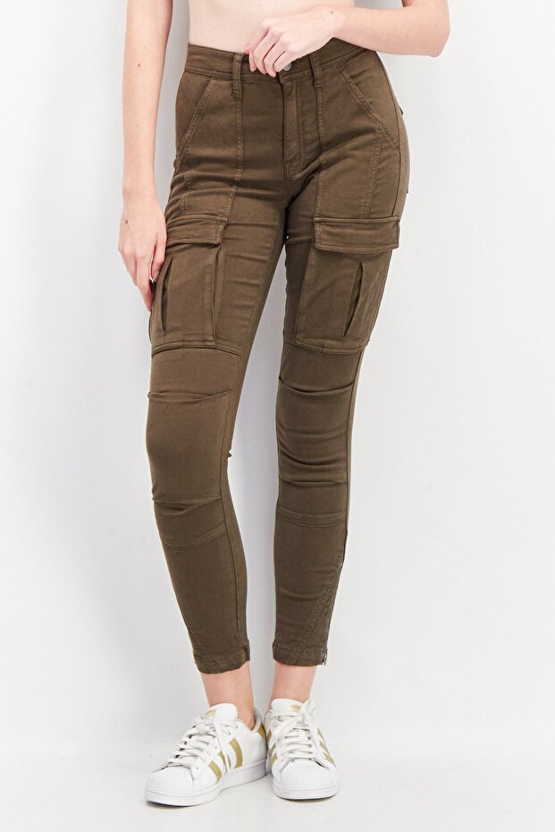 Women Skinny Fit Plain Cargo Pants, Khaki