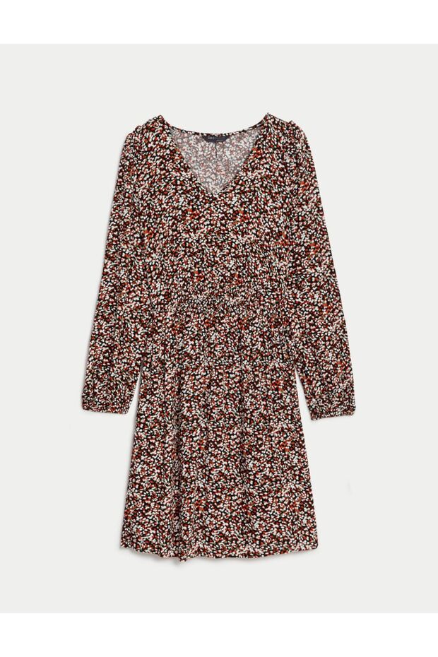 V Yaka Desenli Mini Elbise - 4