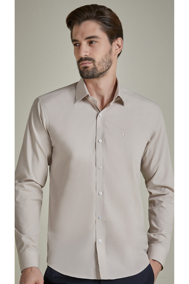 Men's Slim Fit Long Sleeve Beige Shirt