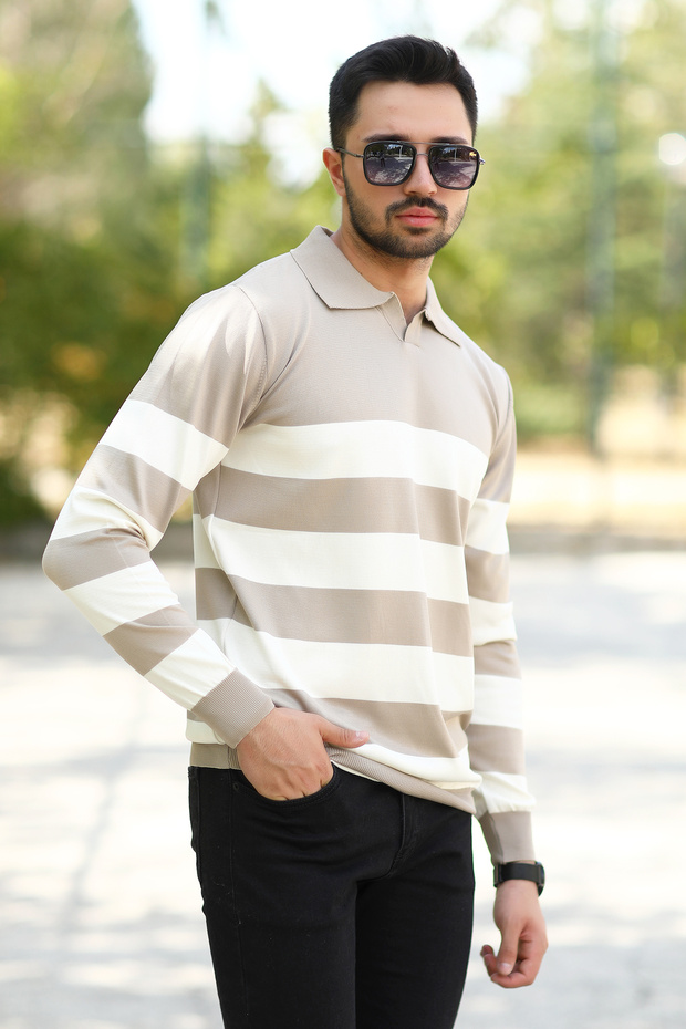 Men's Polo Collar Sweatshirt Mink-White Striped Knitwear 100% Flament Knitted Ribbed - 1420