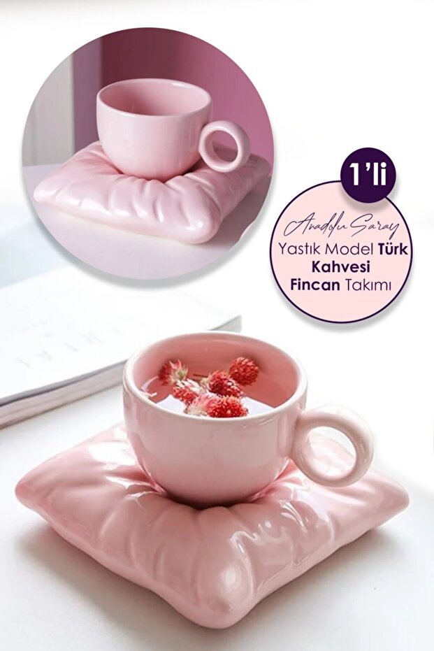 1 Adet El Yapımı Seramik Pembe Yastık Minder Model Handmade Türk Kahvesi Fincan Seti 90ml - 1