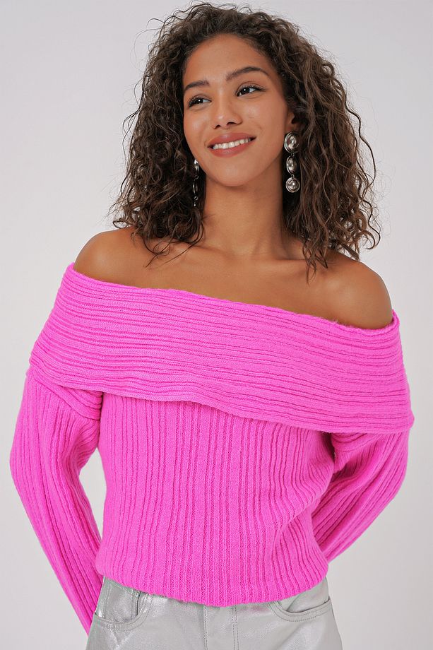 15908 Kadın Açık Omuz Oversize Triko Kazak - Pembe - 2