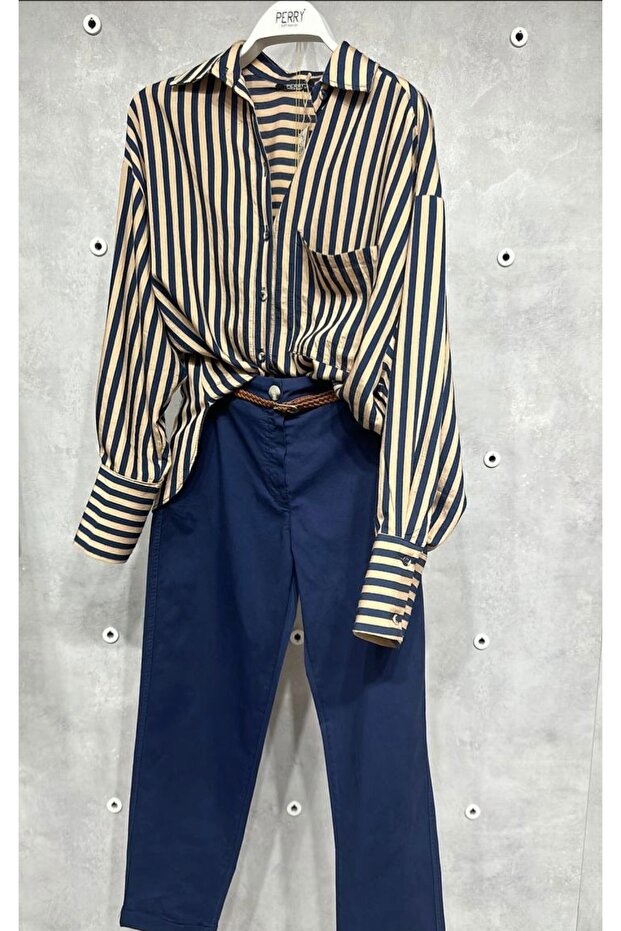 camel laci çizgili oversize gömlek - 3