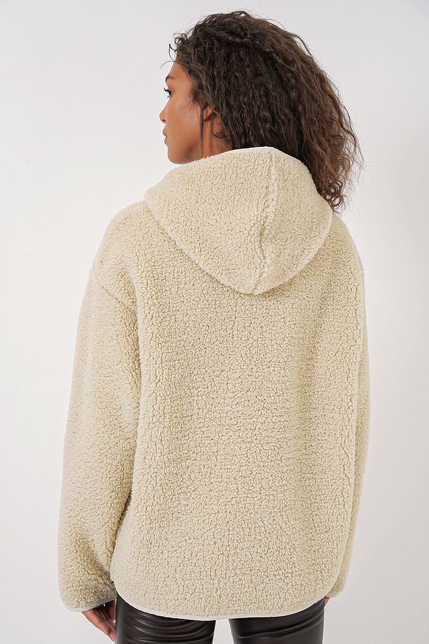 55456 Kadın Kapüşonlu Oversize Peluş Ceket - Ekru - 6