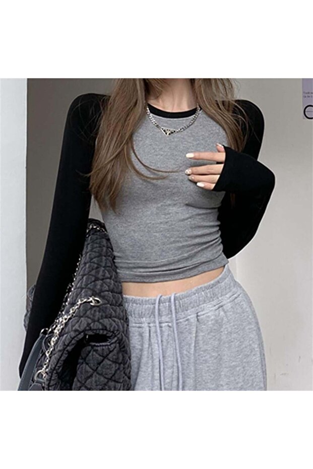 Gray Melange Basic Long Sleeve Crop with Black Raglan Sleeves