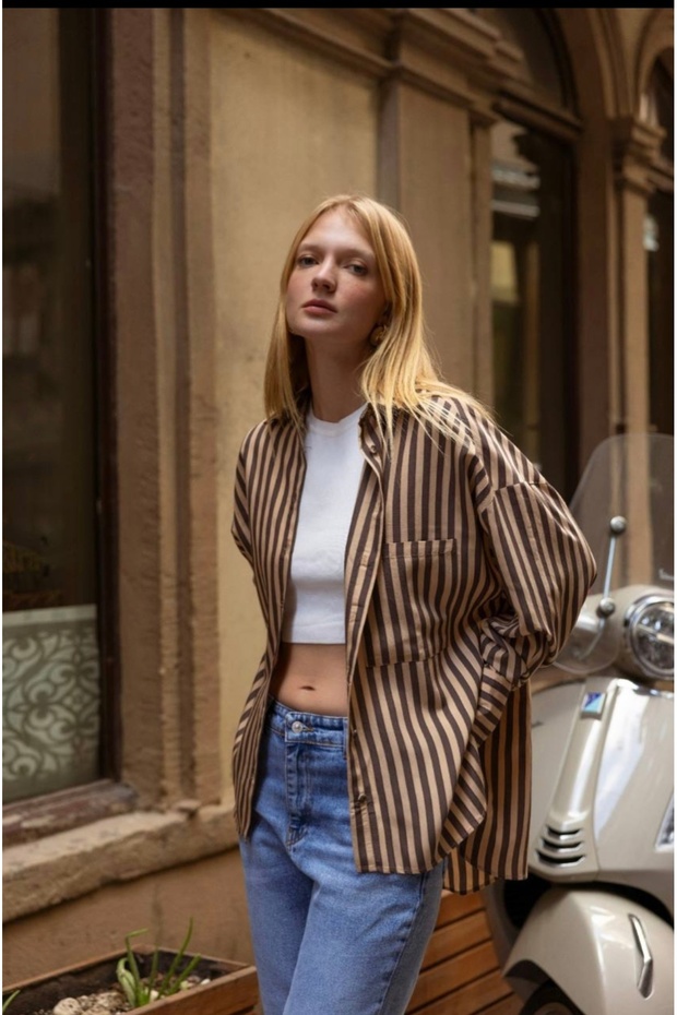 camel laci çizgili oversize gömlek - 3