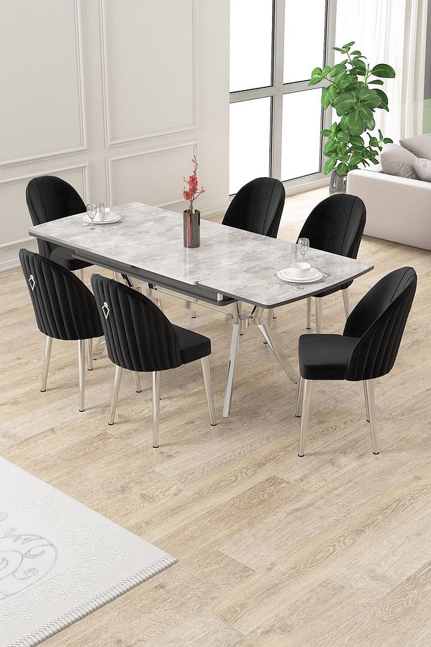 Sim Serisi 89x150 Açılabilir Lak Panel Rampla Gri Krom Ayak Masa Takımı ve 6 Siyah Sandalye - 2