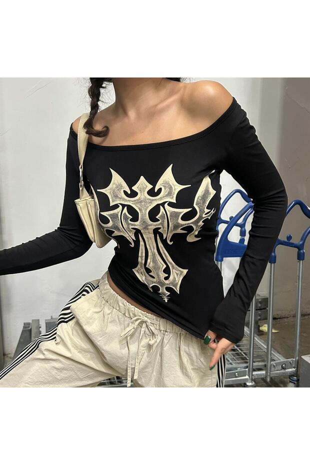 Black Gothic Cross Shoulder Open Long Sleeve Crop