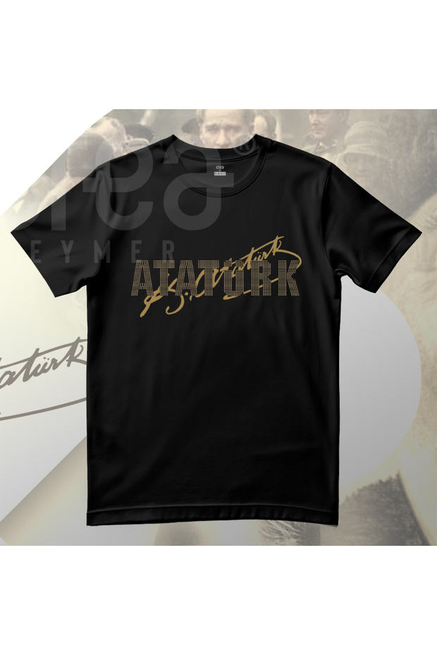 Ataturk Bronze Stone Printed Cotton Crew Neck T-Shirt Black - White - Red