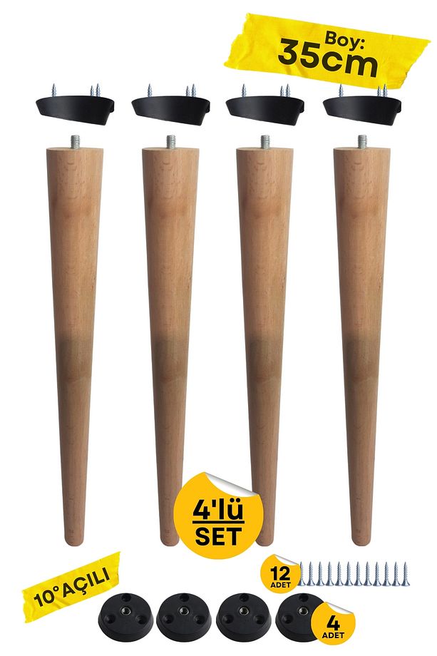 35cm Açılı Ahşap Konik Ayak, Baza Ayağı, Koltuk Ayağı, Tv Ünitesi, Dolap Yükseltici Aparatlı 4lü - 1