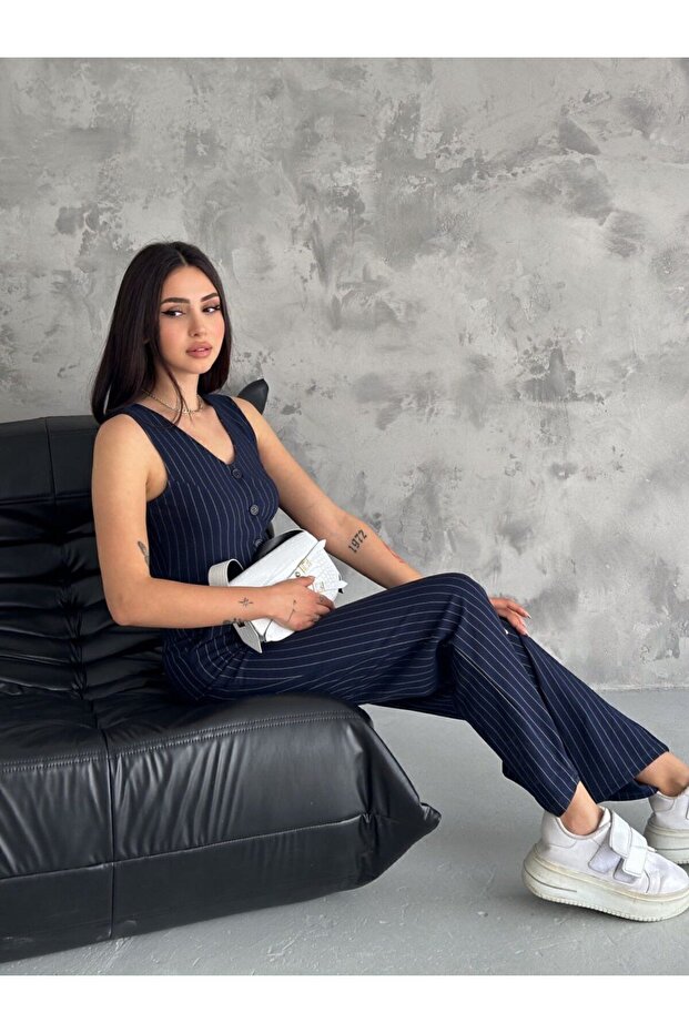 Women's Navy Blue Palazzo Pants Buttoned Short Cropped Vest Two-Piece Striped Set