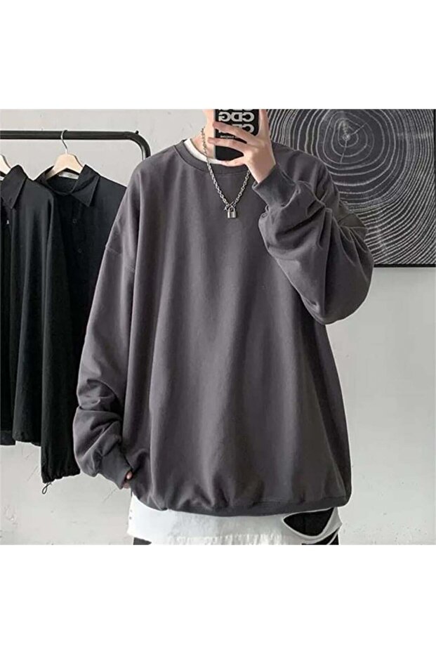 Plain Smoked Medium Thickness Fabric Oversize Unisex Long Sleeve