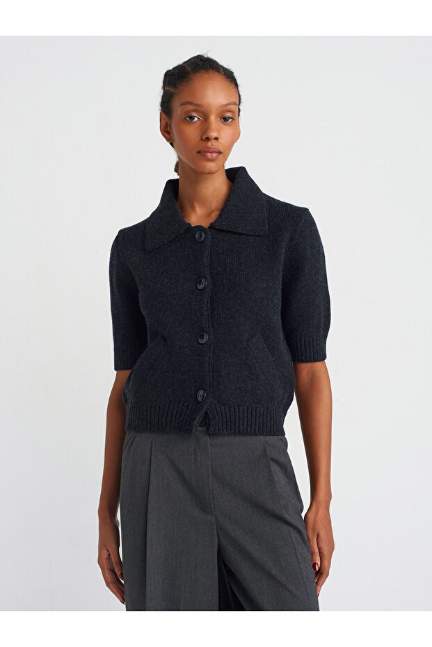 60285 Polo Neck Buttoned Pocket Knitwear Cardigan-Anthracite