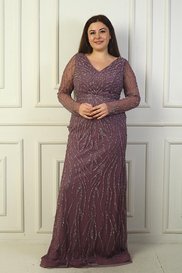 Front Back V-Neck Long Plus Size Dress with Tulle Sleeves, Lined, Rhinestone Detail