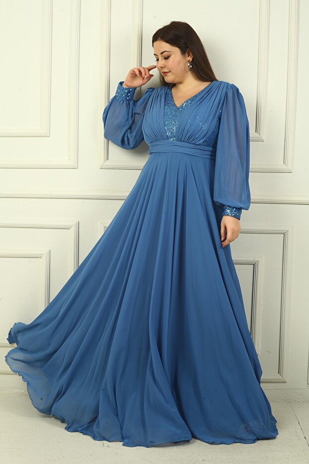 Women's Long Chiffon Evening Dress with Front Back V-Neck Pleat Lined Plus Size