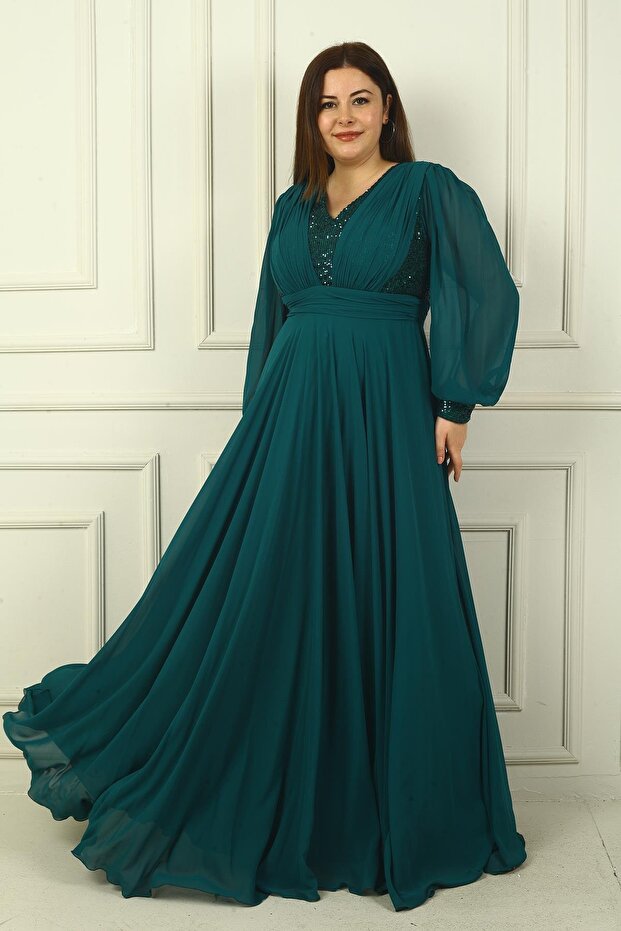 Women's Long Chiffon Evening Dress with Front Back V-Neck Pleat Lined Plus Size