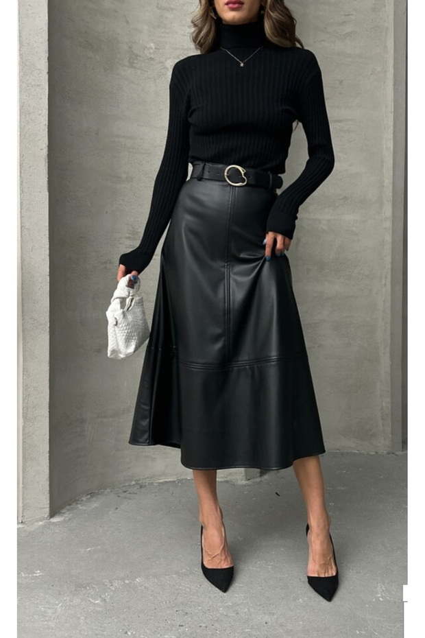 Kemerli Suni Deri Basic Etek - 4