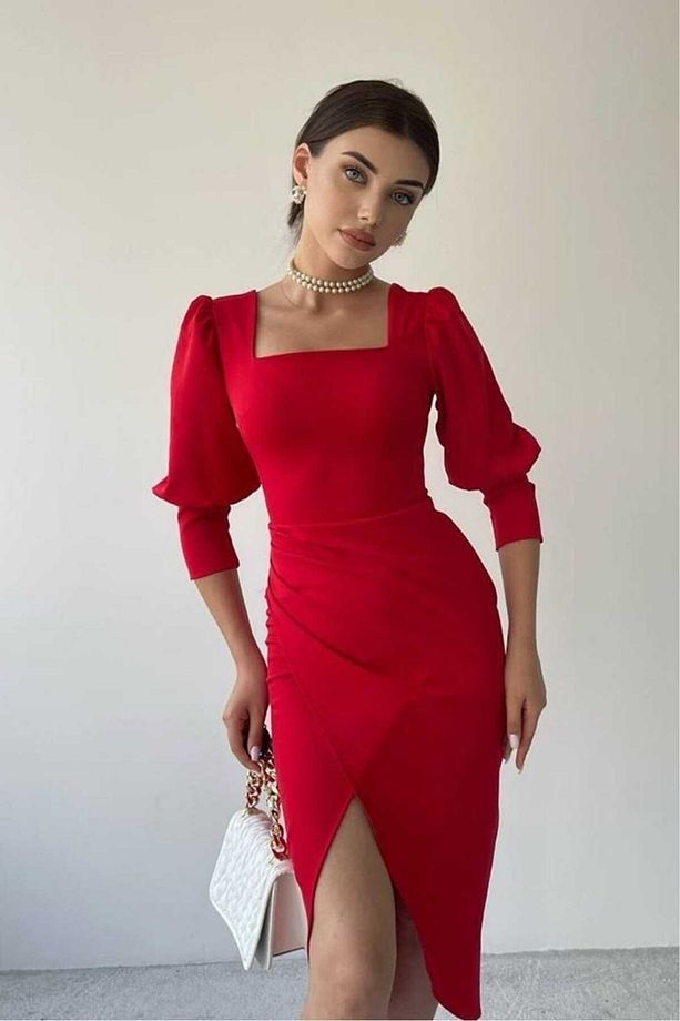 Kadın Esnek Krep Kumaş Ön Ve Arka Kare Yaka Yırtmaç Detay Dirsek Kol Kırmızı kaliteli Elbise - 3