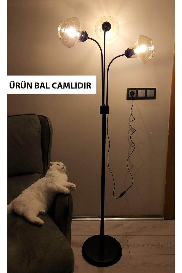 Zambak 3 Lü Siyah Tasarım Metal Ayaklı Lambader 2044B Oturma Odası-Salon Lambader - 2