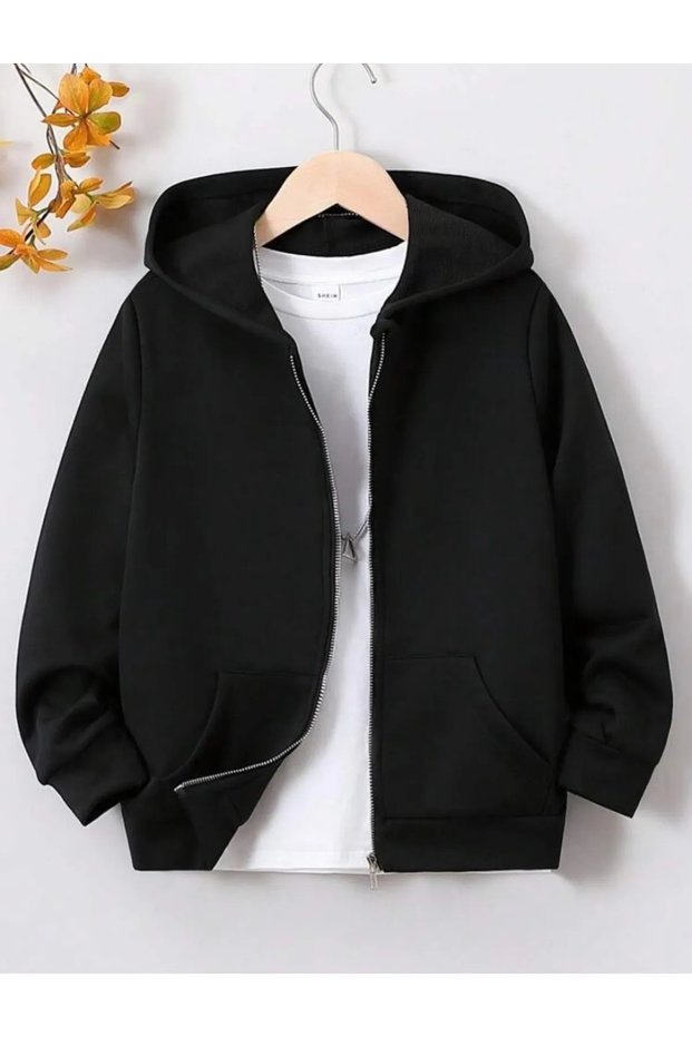 Black Zipper Hooded Sweatshirt