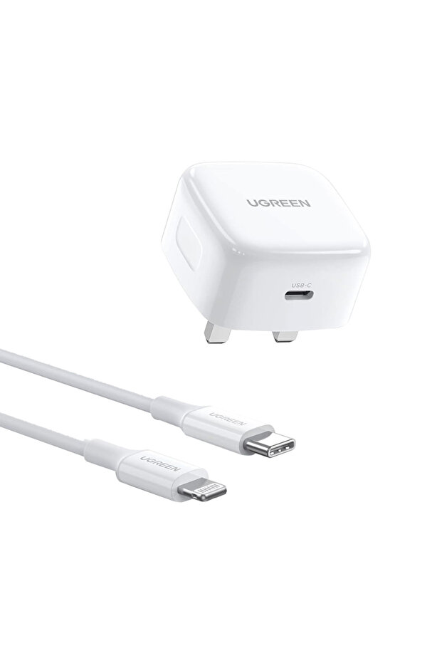 شاحن حائط بمنفذ USB-C بقوة 20 وات مع كابل USB-C إلى كابل Lightning بطول 1 متر - أبيض