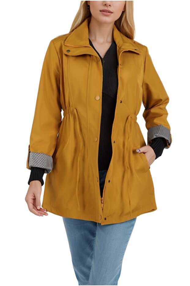 Women's Mustard Sleeve Detailed Black Belted Trench Coat