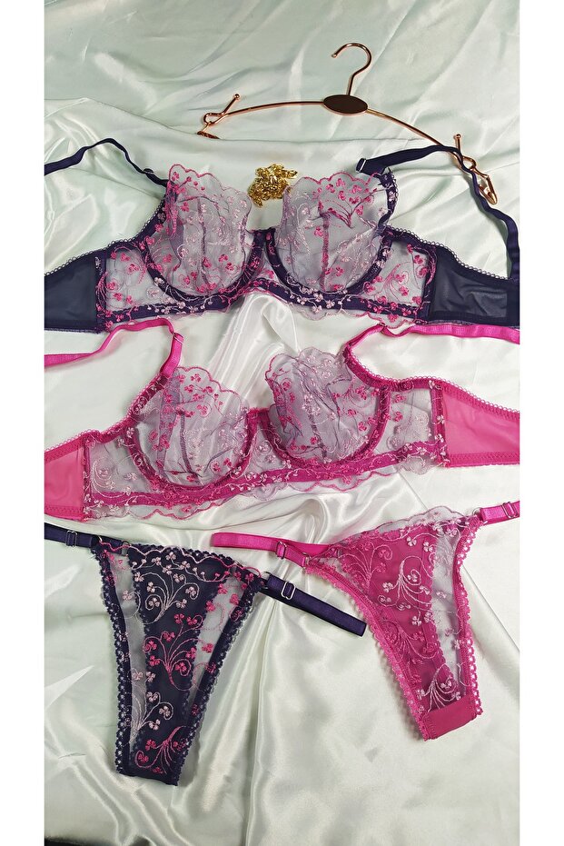 Women's Plum Fuchsia Tiny Floral Patterned Stylish Bra Panties Set
