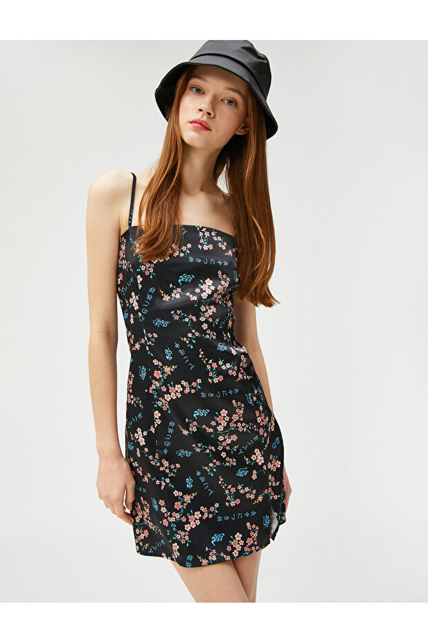 Satin Dress Mini Thin Straps Floral Slit