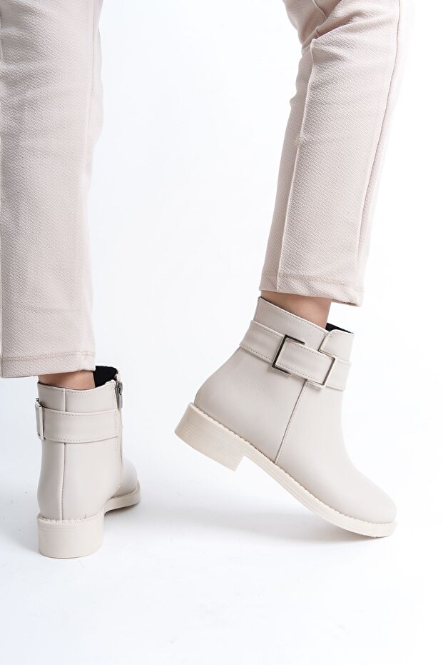 Cream Side Buckle Zippered Leather Look Short Classic Women's Booties
