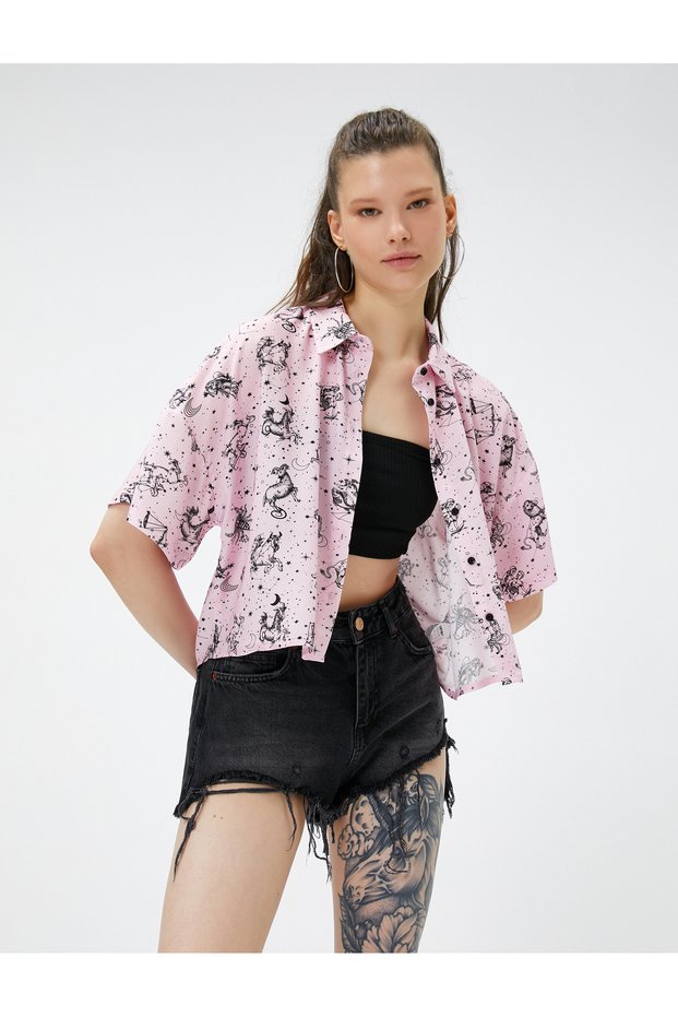 Crop Shirt Short Sleeve Viscose Buttoned Zodiac Sign Printed