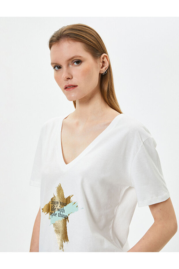 Printed T-Shirt Short Sleeve V-Neck Cotton