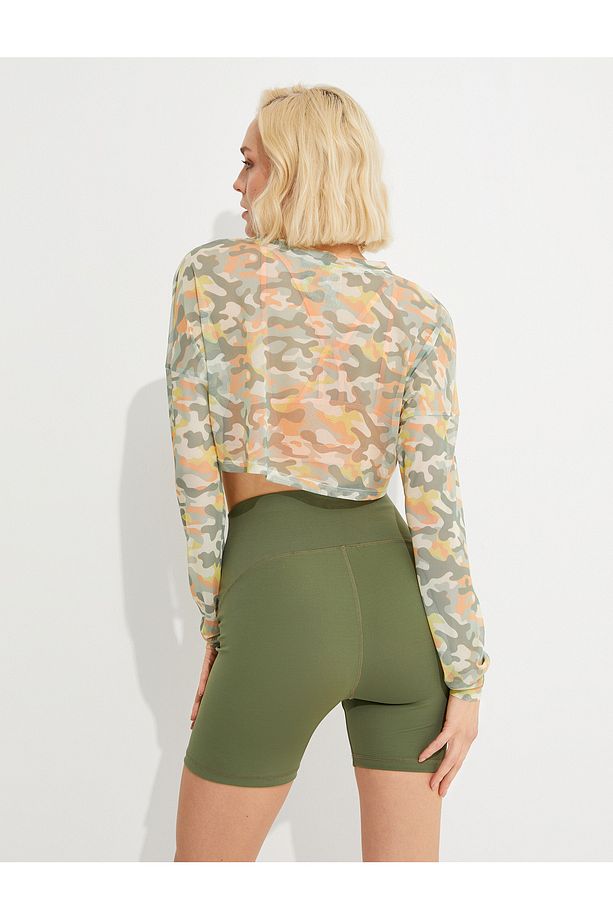 Kamuflaj Desenli Spor Crop Tişört - 4