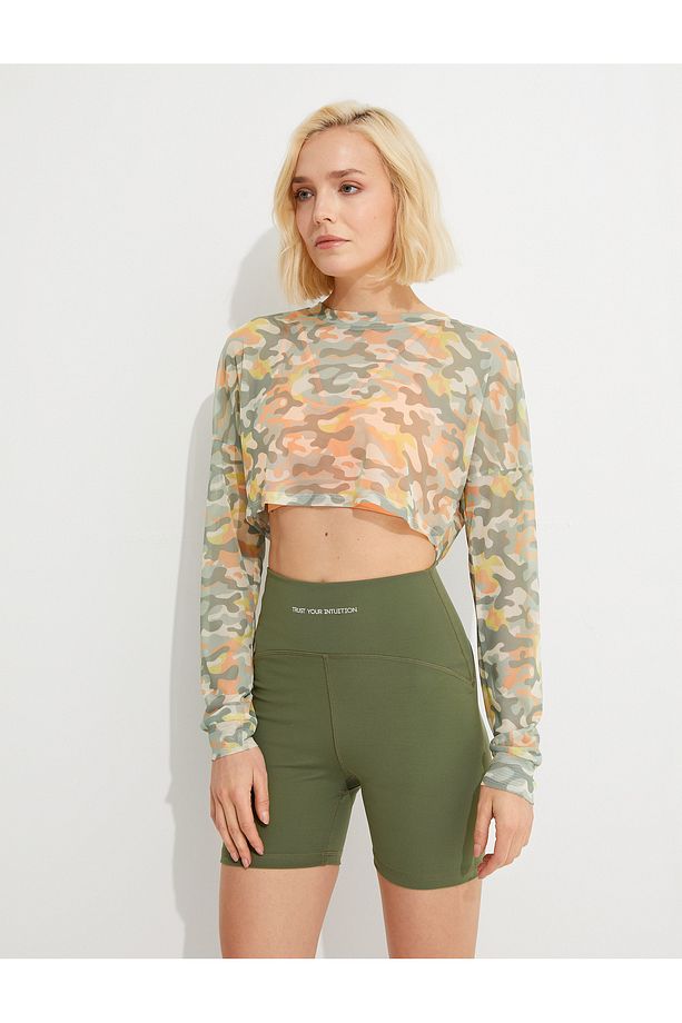 Kamuflaj Desenli Spor Crop Tişört - 3