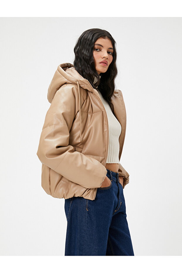 Puffer Jacket Leather Look Hooded