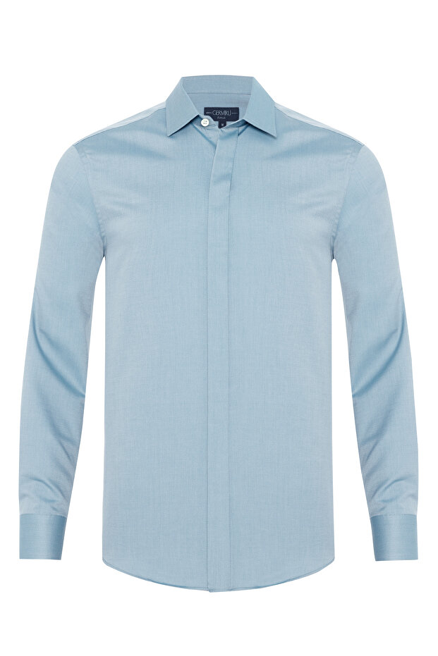 Mint Yeşil Gizli Pat Soft Yaka Tailor Fit Diyagonal Desen Pamuk Gömlek - 1